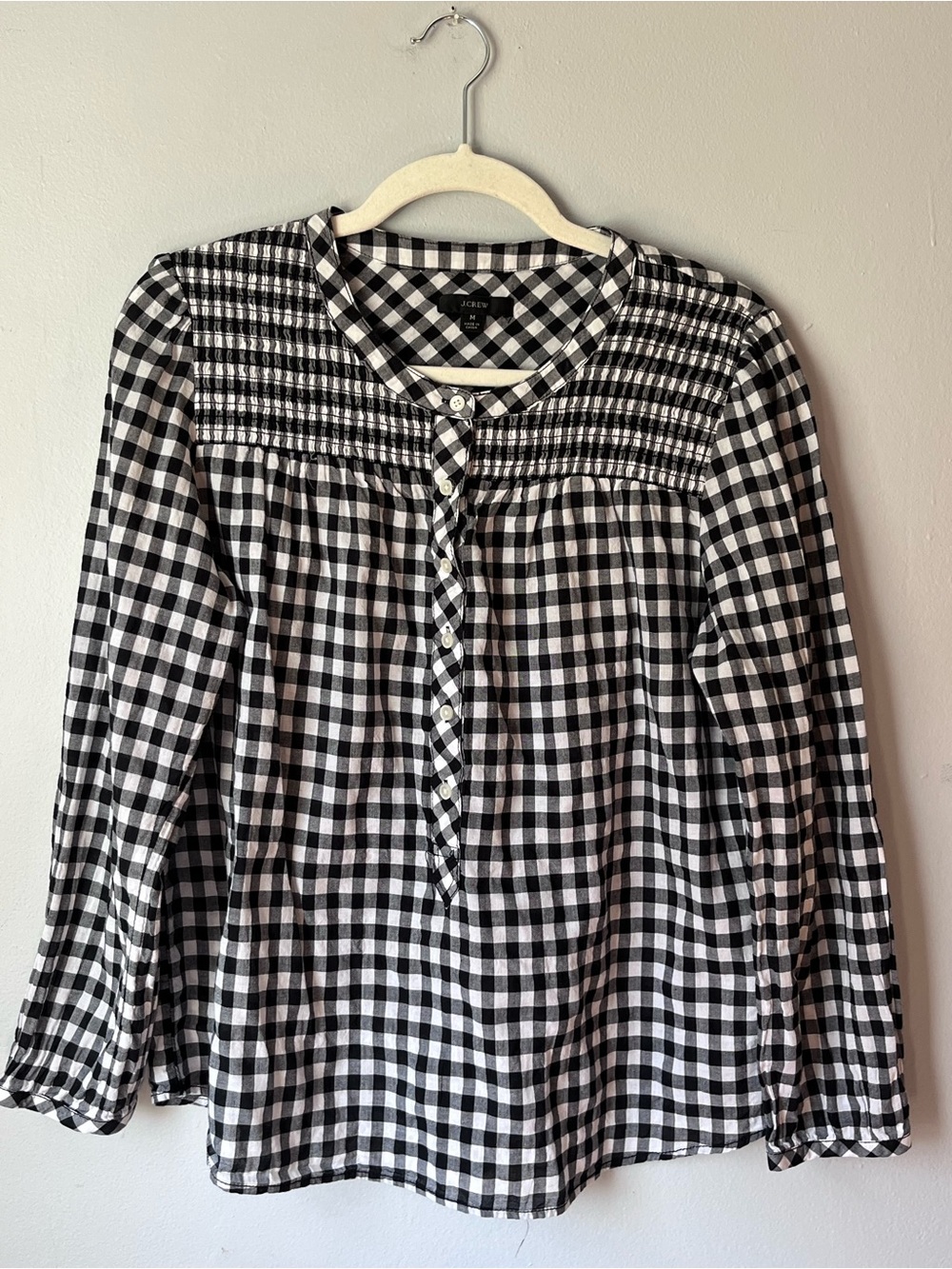 J. Crew Black and White Gingham Smocked Popover